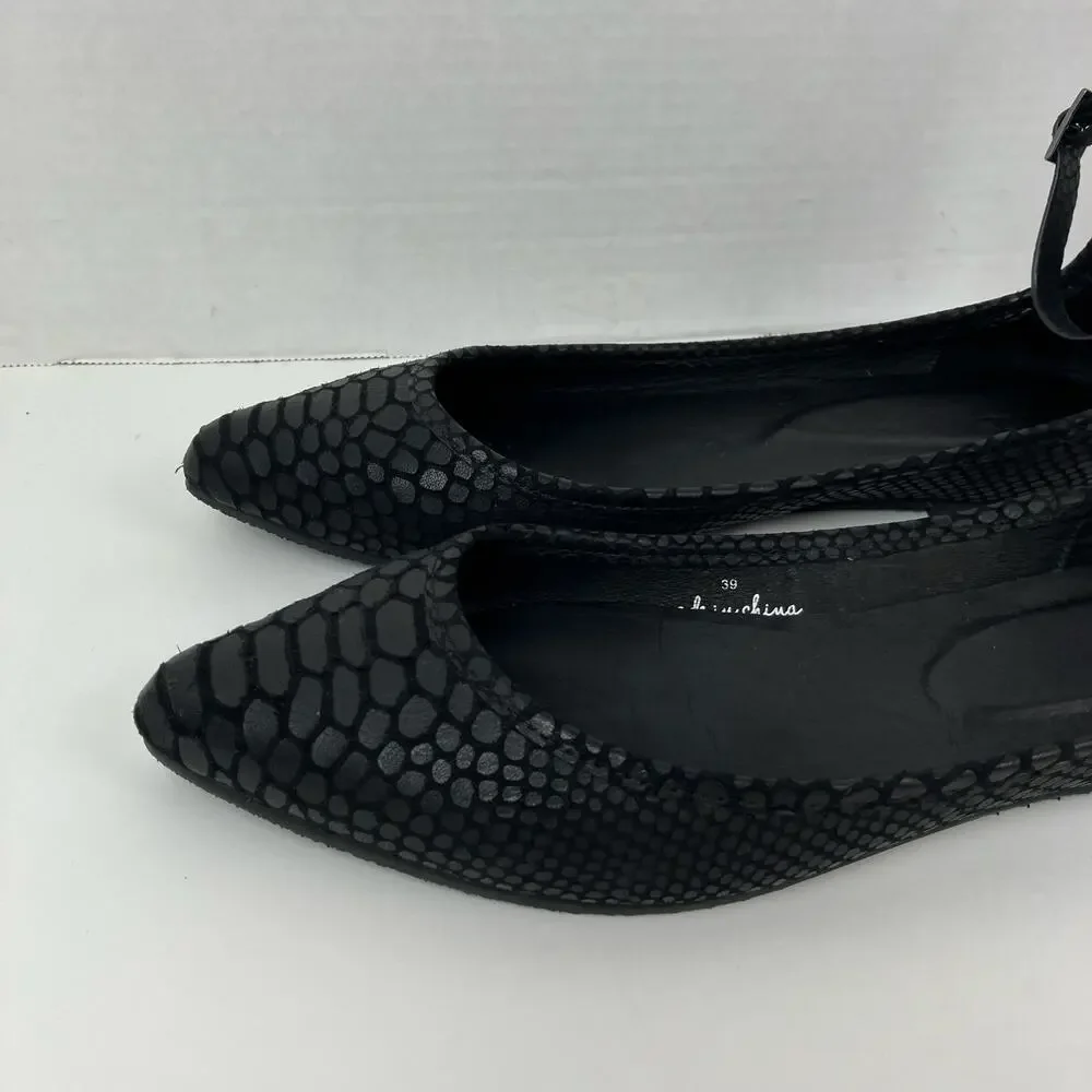 Joie Sz 9 Temple Black Embossed Leather Ankle Wrap Ballet Flats Pointed Toe